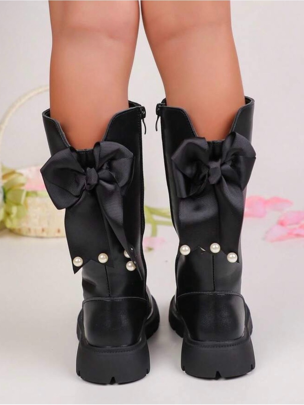 SHEIN Black Girls' Mid-Calf Boots with Bows and Pearl Accents